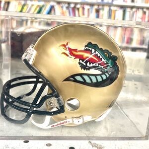 Riddell Gold UAB Blazers Mini Helmet in Cube Case. Dragon Football Helmet.